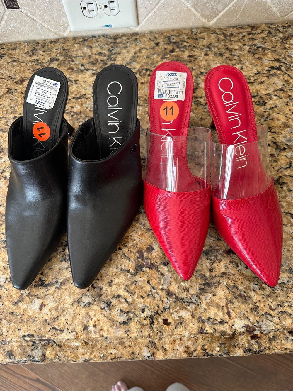 Calvin Klein Pointed Mule Slides in Black and Red with Clear Strap